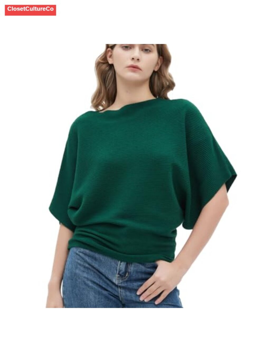 Women's Boat Neck Short Sleeve Dolman Knit Sweater Pullover Relaxed Fit